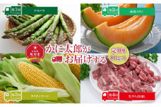 令和7年6月発送開始　かに太郎 定期便Oセット（アスパラ、赤肉メロン、ライオンコーン、ジンギスカン）全4回_01602