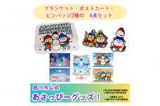 ＼旭川市公式キャラグッズ４点詰め合わせ！／ブランケット＆ポストカード＆２種のコラボピンバッジ_05069