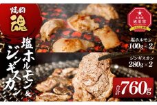 焼肉　魂　塩ホルモン100g×2　ジンギスカン280g×2 【 お肉 焼肉 焼き肉 やきにく タレ 漬け 付き 味付き にく 小分け 個包装 冷凍 BBQ アウトドア キャンプ 人気 北海道 簡単調理 焼くだけ お取り寄せ 旭川市 北海道 】_04956