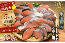 【5ヶ月連続定期便】マルア阿部商店特選 氷塩熟成 紅鮭切身 12切(4枚入×3袋) 定期便 鮭 サケ 紅鮭 おかず 魚 魚介 海鮮 シャケ 切り身 F4F-8092