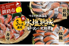 【3ヶ月連続】マルア阿部商店 氷塩熟成 食べ比べ定期便 紅鮭 秋鮭 カマ サケ 鮭 しゃけ 海鮮 魚 海鮮 定期便 分布会 北海道 F4F-8093