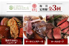 ＜毎月定期便＞豊西牛100%ハンバーグ・サーロインステーキ・ローストビーフセット 全3回【4006676】