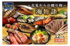 【12ヶ月定期便】 海物語～北見からの贈り物～ ( 海鮮 ホッケ カニ さけ かに 魚 甲羅盛り しめ鯖 海鮮丼 貝 ほたて ホタテ つぶ貝 ウニ 鯖 さば カレイ 昆布 )【999-0189】