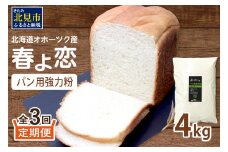 【3ヶ月定期便】【北海道オホーツク産】パン用強力粉 春よ恋 4kg ※賞味期限30日保証 ( パン用強力粉 北海道産 定期便 パン 製パン )【999-0134】