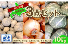 【先行予約】秋の収穫3点 合計約10kgセット（2025年9月15日以降発送） 【 ふるさと納税 人気 おすすめ ランキング じゃがいも ジャガイモ 芋 いも イモ 男爵 男爵いも たまねぎ 玉ねぎ 玉葱 かぼちゃ 南瓜 野菜 セット 詰め合わせ 詰合せ 北海道 網走市 送料無料 】 ABAO083