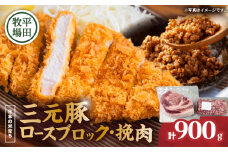 日本の米育ち平田牧場 三元豚ロースブロック（600g）・挽肉（300g）計900g　T036-009