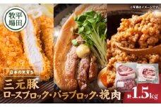日本の米育ち平田牧場 三元豚ロースブロック（600g）・バラブロック（600g）・挽肉（300g）計1.5kg　T036-010