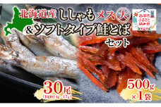 北海道産ししゃもメス大30尾 ソフトタイプ鮭とば「北海道産 鮭燻ソフト」500gセット 北海道 稀少 魚 シシャモ 秋鮭 おつまみ 魚貝類 干物