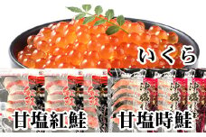 E-36002 甘塩紅鮭5切×10P、甘塩時鮭5切×10P、いくら醤油漬け100g×5Ｐセット
