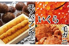 E-40006 エゾバフンウニ140g×1折、いくら醤油漬け150g×1P、毛ガニ300g～400g前後×2尾[2026年1月中旬以降発送]