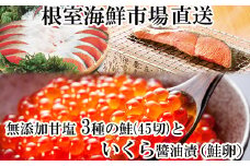 B-14045  無添加天然甘塩鮭3種切身各15切、いくら醤油漬け(鮭卵)70g×1P