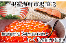 B-14045  無添加天然甘塩鮭3種切身各15切、いくら醤油漬け(鮭卵)70g×2P