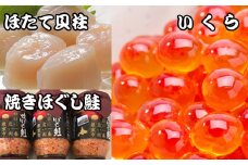 E-36004 ほたて貝柱500g×5P、いくら醤油漬け100g×5P、鮭フレーク150g×3瓶