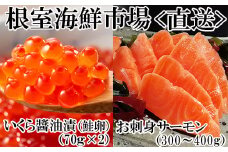 A-11209  いくら醤油漬け70g×2P・刺身用トラウトサーモン(背)300～400g×1本