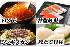 B-76018 ジンギスカン800g×1P、いくら100g×1P、紅鮭5切×1P、ほたて200g×1P