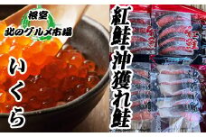 E-76003 沖獲れ鮭切身5切×10P、紅鮭5切×10P、いくら醤油漬100g×5P　