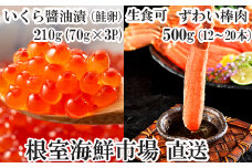 B-11103  お刺身OK！生ずわいがに棒肉ポーション12～20本(計500g)、いくら醤油漬け(鮭卵)70g×3P(計210g)