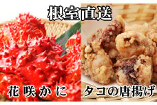 C-36075 【北海道根室産】花咲かに500g前後～650g前後×2尾、たこ唐揚げ250g×2P