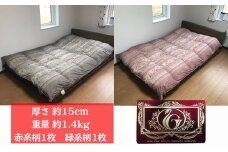 【夏冬兼用　重量約1.4kg】高級羽毛掛け布団（ハンガリー産ホワイトグースダウン）2枚（色：赤系1枚、緑系1枚）