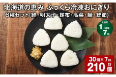 【1ヶ月毎7回定期便】 北海道の恵み ふっくら冷凍おにぎり（鮭・明太子・昆布・高菜・鯖・鰹節） 6種セット 計210個 （各5個✕1パック） 米 お米 おにぎり