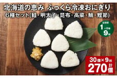 【1ヶ月毎9回定期便】 北海道の恵み ふっくら冷凍おにぎり（鮭・明太子・昆布・高菜・鯖・鰹節） 6種セット 計270個 （各5個✕1パック） 米 お米 おにぎり