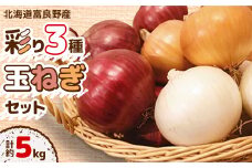 ふらの産 彩り3種玉ねぎセット計約5kg(白玉ねぎ・赤玉ねぎ・黄玉ねぎ)【1258410】