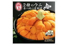 極上エゾバフンウニ100g（パック詰）と極上！北海道産キタムラサキウニ100g（パック詰）食べ比べ定期便（2回お届け） お届け：2023年6月〜8月末まで【定期便 生うに 海鮮 バフンウニ ムラサキウニ パックうに】