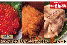 いくら ・ とびうお 卵 ・ いかの肝和え 3点セット （各250g）ふるさと納税 北海道 鮭 鮭いくら いくら イクラ おつまみ ごはんのお供 とんでん 恵庭市 恵庭 お取り寄せ 詰め合わせ グルメ 海鮮 魚介【44001301】