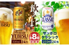 【ビール飲み比べ定期便：全8回】サッポロクラシックとヱビスビール各350×24本【30011001】