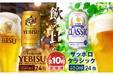 【ビール飲み比べ定期便：全10回】サッポロクラシックとヱビスビール各350ml×24本【30011201】