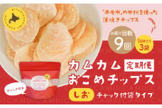 【1ヶ月毎9回定期便】 カムカムおこめチップス（しお） チャック付袋タイプ 計27個  （3個×9回） お菓子 菓子 スナック菓子