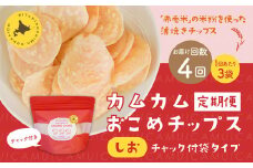 【1ヶ月毎4回定期便】 カムカムおこめチップス（しお） チャック付袋タイプ 計12個  （3個×4回） お菓子 菓子 スナック菓子
