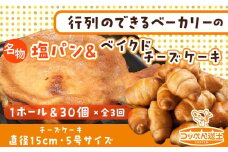 北海道 濃厚クリームチーズのベイクドチーズケーキ 1個 塩パン 30個 チーズケーキ ケーキ 洋菓子 焼き菓子 スイーツ デザート パン 手作り 朝食 おやつ 冷凍 お取り寄せ セット 人気 ベーカリー ギフト 贈答用 送料無料 木古内 木古内町