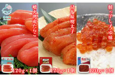 【丸鮮道場水産】北海道産 たらこ・明太子・筋子のセット  各120g×1個 計360g