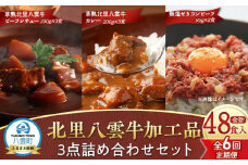 【6回定期便】北里八雲牛 加工品3点詰め合わせセット【 ビーフシチュー カレー コーンビーフ 加工品 肉加工品 定期便 おうちごはん 簡単調理 レトルト 詰め合わせ セット 食品 グルメ お取り寄せ お取り寄せグルメ  八雲町 北海道 】