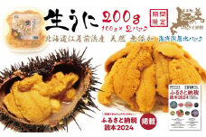 【漁があり次第順次発送】北海道 江差前浜産 生うに 200g（100g×2パック）【無添加・みょうばん不使用】江差産天然キタムラサキウニ　日本海熊石産海洋深層水　塩水ウニ　素材を生かした自然の味　国産うに　雲丹　100グラムパック個包装