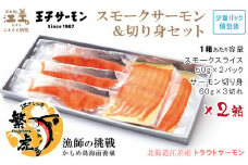 北海道産 スモークサーモンと切り身セット 2箱 ［スモーク100g（50g×2P）&切り身60g×3切れ（個包装）／化粧箱］×2　　王子サーモン　北海道江差産トラウトサーモン　純国産ブランドサーモン『江さしっ子 繁虎』　燻製　鮭切り身　個包装　のし対応可　贈答用　ギフト　お中元　お歳暮　お祝い