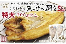 ＼配送時期指定可／【特大】北海道かもめ島特産 とった漁師が自らつくる こだわりのほっけの開き 〈特大〉サイズ 2枚　約30cm～35cm 500g以上700g未満　大サイズより肉付きがよい　甘塩　漁師直送　北海道日本海のホッケ　一夜干し　魚の干物　国産