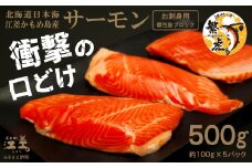 北海道産 サーモン お刺身用ブロック 500g（100g×5P）　日本海 かもめ島海面養殖　純国産 ブランドサーモン『江さしっ子 繁虎』　衝撃の口どけ　とろける脂　生食可　冷凍　小分け　個包装　トラウトサーモン　刺身　サーモンステーキ　カルパッチョ　海鮮　鮭　さけ　シャケ　しゃけ　さーもん