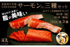 北海道産 サーモンの三種セット ルイベ〈冷凍刺身〉お刺身用ブロック・切り身［塩］・切り身［無塩］ 各3個 計9個　日本海 かもめ島海面養殖　純国産 ブランドサーモン『江さしっ子 繁虎』　とろける脂　活締め　浜のかあさん手作り　冷凍　小分け　個包装　トラウトサーモン　刺身　サーモンステーキ　カルパッチョ　焼き魚　ムニエル　ソテー　フライ　海鮮　鮭　塩鮭　さけ　シャケ　しゃけ　さーもん　保存料不使用