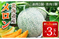 【2025年7月下旬より発送】メロン３玉入１箱（赤肉２玉・青肉１玉、もしくは赤肉１玉・青肉２玉）　1玉約1.2kg前後 【 ふるさと納税 人気 おすすめ ランキング メロン めろん 甘い おいしい 北海道 厚沢部 送料無料 】 ASO002