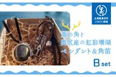 鹿の角と奥尻産の虹彩珊瑚（深海松）のペンダント＆角笛セットB【一点もの】
