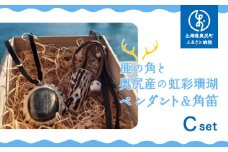 鹿の角と奥尻産の虹彩珊瑚（深海松）のペンダント＆角笛セットC【一点もの】