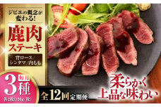 【全12回定期便】鹿肉 ステーキ3種セット（背ロース120g×2枚・シンタマ120g×2枚・内もも120g×2枚）《喜茂別町》【EBIJIN】 ジビエ モモ セット ステーキ 赤身 冷凍配送 定期便 北海道 [AJAO025] 528000 528000円
