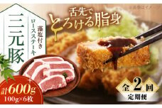 【全2回定期便】 三元豚 ロースステーキ 6枚（100g/枚）  藻塩付き 《喜茂別町》【平田牧場】肉 豚肉 ロース ステーキ ステーキ用 とんかつ トンテキ 生姜焼き 冷蔵配送 定期便 北海道 [AJAP022] 26000 26000円