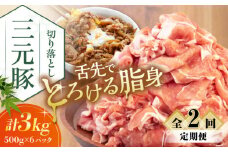 【全2回定期便】 三元豚 切り落とし 計3kg（500g×6パック） 《喜茂別町》【平田牧場】 肉 豚肉 生姜焼き 小分け 冷凍 冷凍配送 定期便 北海道 [AJAP038] 60000 60000円 6万円
