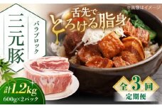 【全3回定期便】三元豚 バラブロック1.2kg（600g×2パック）《喜茂別町》【平田牧場】 肉 豚肉 バラ ブロック 煮豚 酢豚 煮物 冷凍配送 北海道 [AJAP107] 39000 39000円