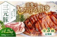 【全3回定期便】三元豚 肩ロースブロック1.2kg（600g×2パック）《喜茂別町》【平田牧場】 肉 豚肉 ロース ブロック ローストポーク 煮豚 酢豚 煮物 冷凍配送 北海道 [AJAP115] 52000 52000円