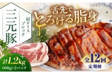 【全12回定期便】三元豚 肩ロースブロック1.2kg（600g×2パック）《喜茂別町》【平田牧場】 肉 豚肉 ロース ブロック ローストポーク 煮豚 酢豚 煮物 冷凍配送 北海道 [AJAP117] 208000 208000円