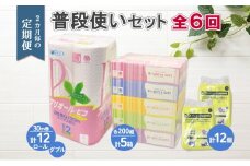 北海道 定期便 2ヶ月毎全6回 普段使いセット トイレットペーパー ダブル 12ロール ティッシュ ボックス 5箱 ポケット 12個 香りなし リサイクル エコ 日本製 消耗品 備蓄 送料無料